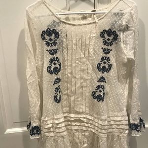 Free People White Lace and Blue Embroidered Tunic